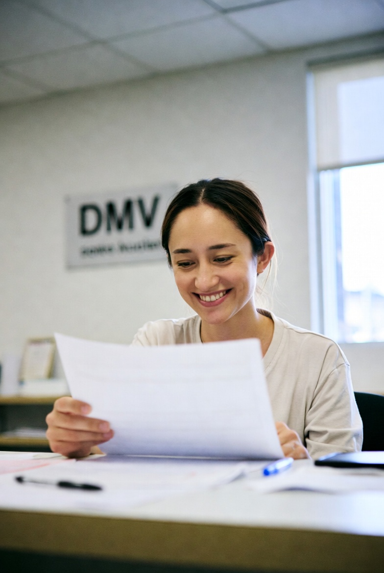 Smiling person studying at DMV